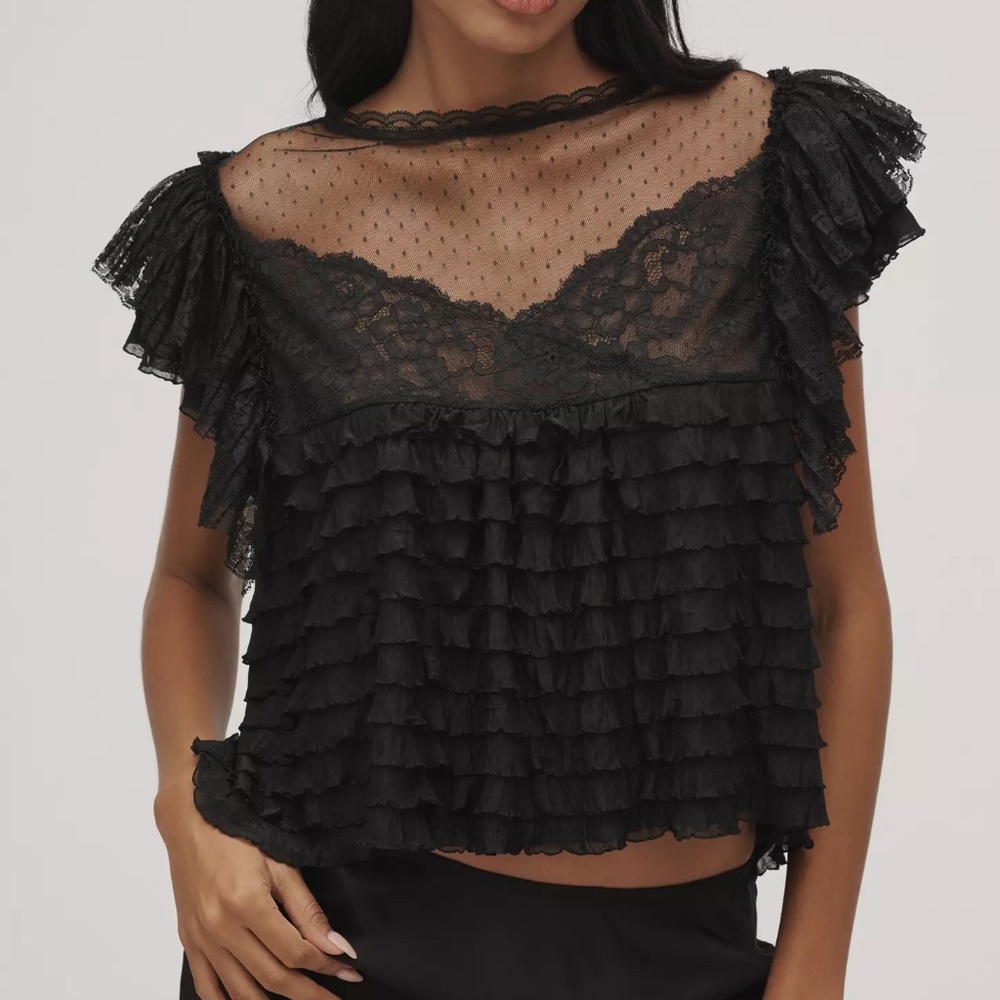 Anthropologie Maeve Sheer Ruffle Lace Blouse in Black size XS NWT